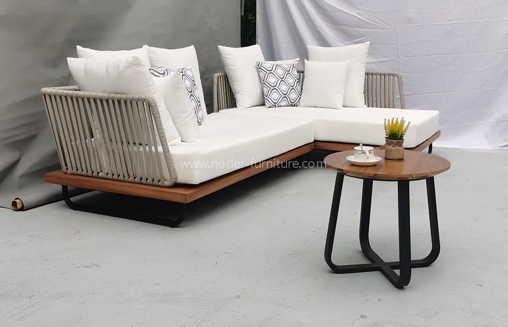 Modern L-Shaped Aluminum Frame Teak Wood Seat Outdoor Sofa