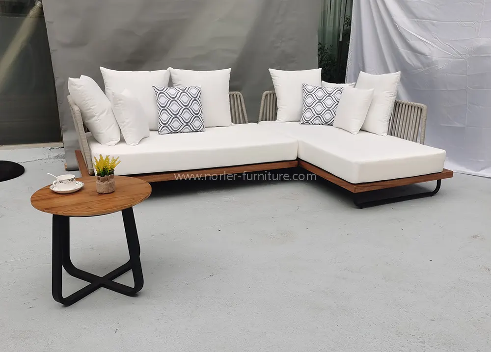Modern L-Shaped Aluminum Frame Teak Wood Seat Outdoor Sofa