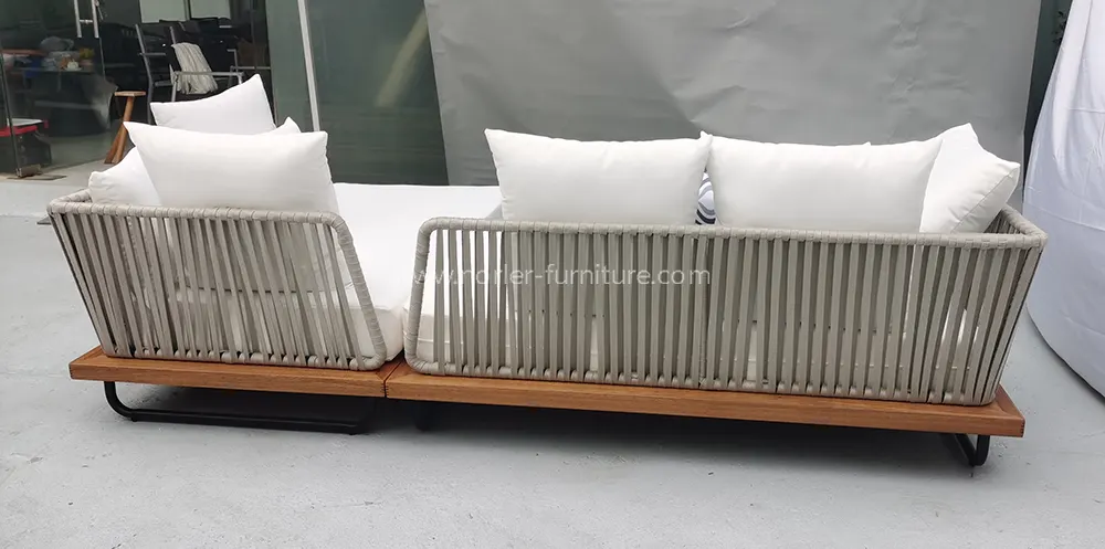 Modern L-Shaped Aluminum Frame Teak Wood Seat Outdoor Sofa
