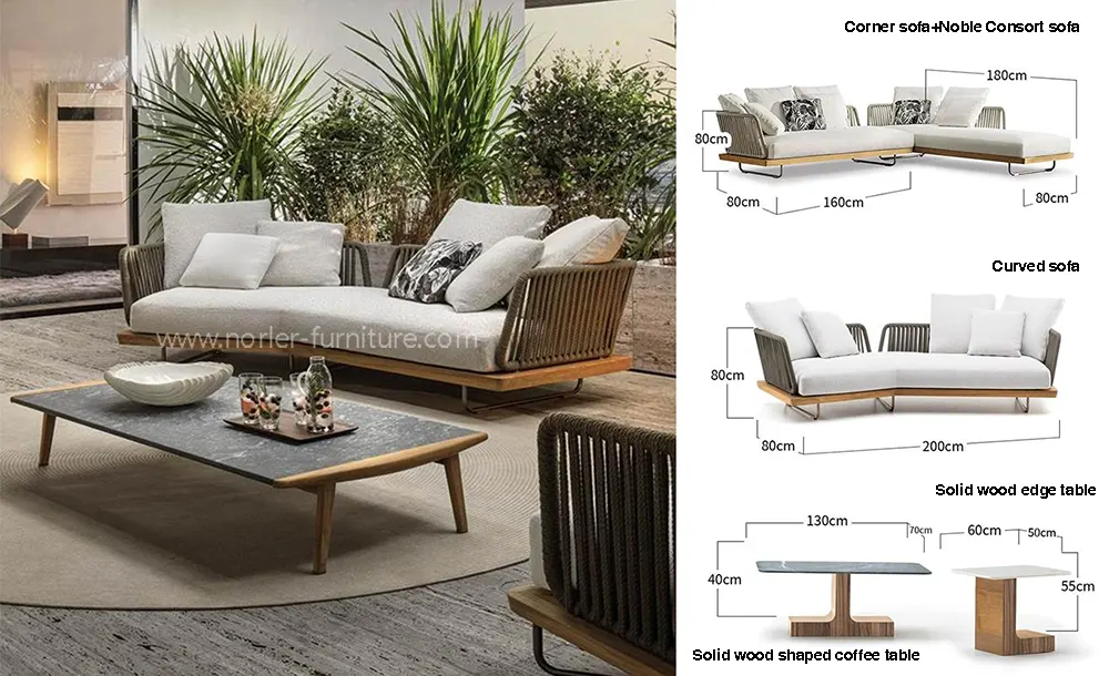 Modern L-Shaped Aluminum Frame Teak Wood Seat Outdoor Sofa